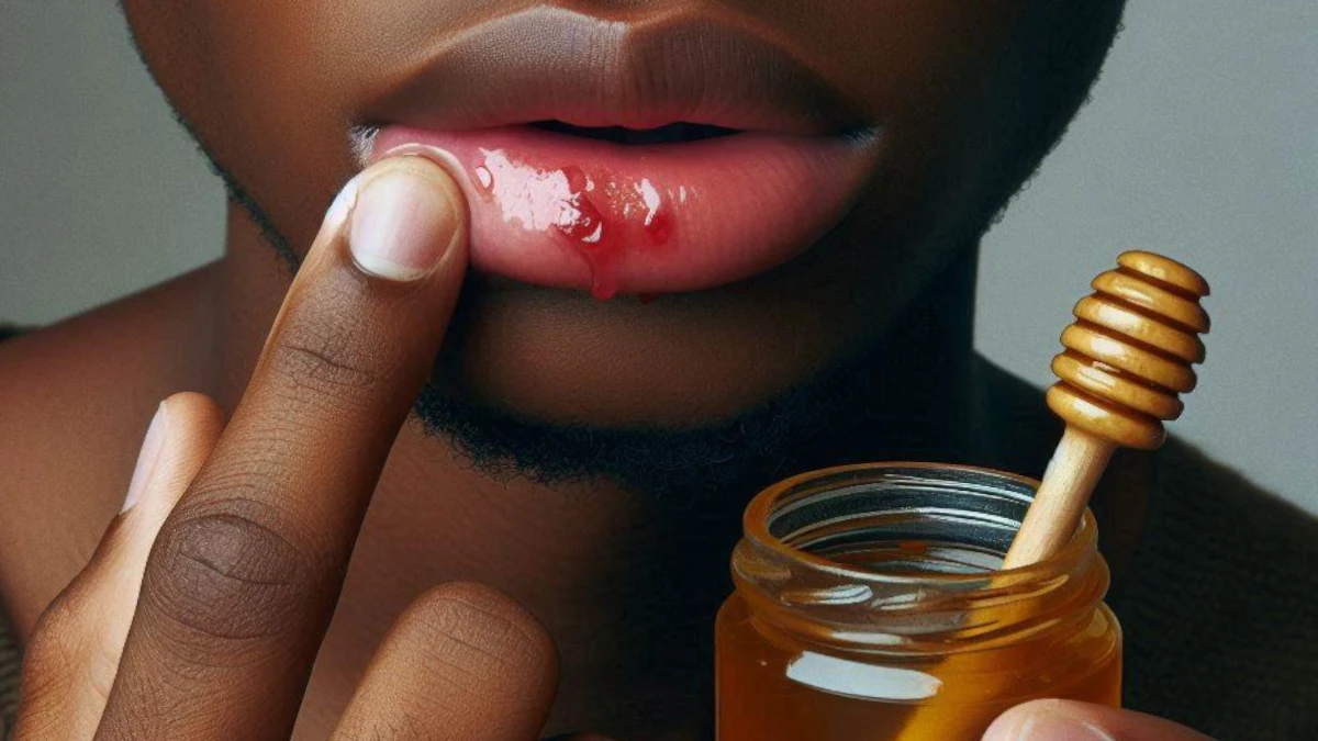 Applying honey to a cold sore on the lip