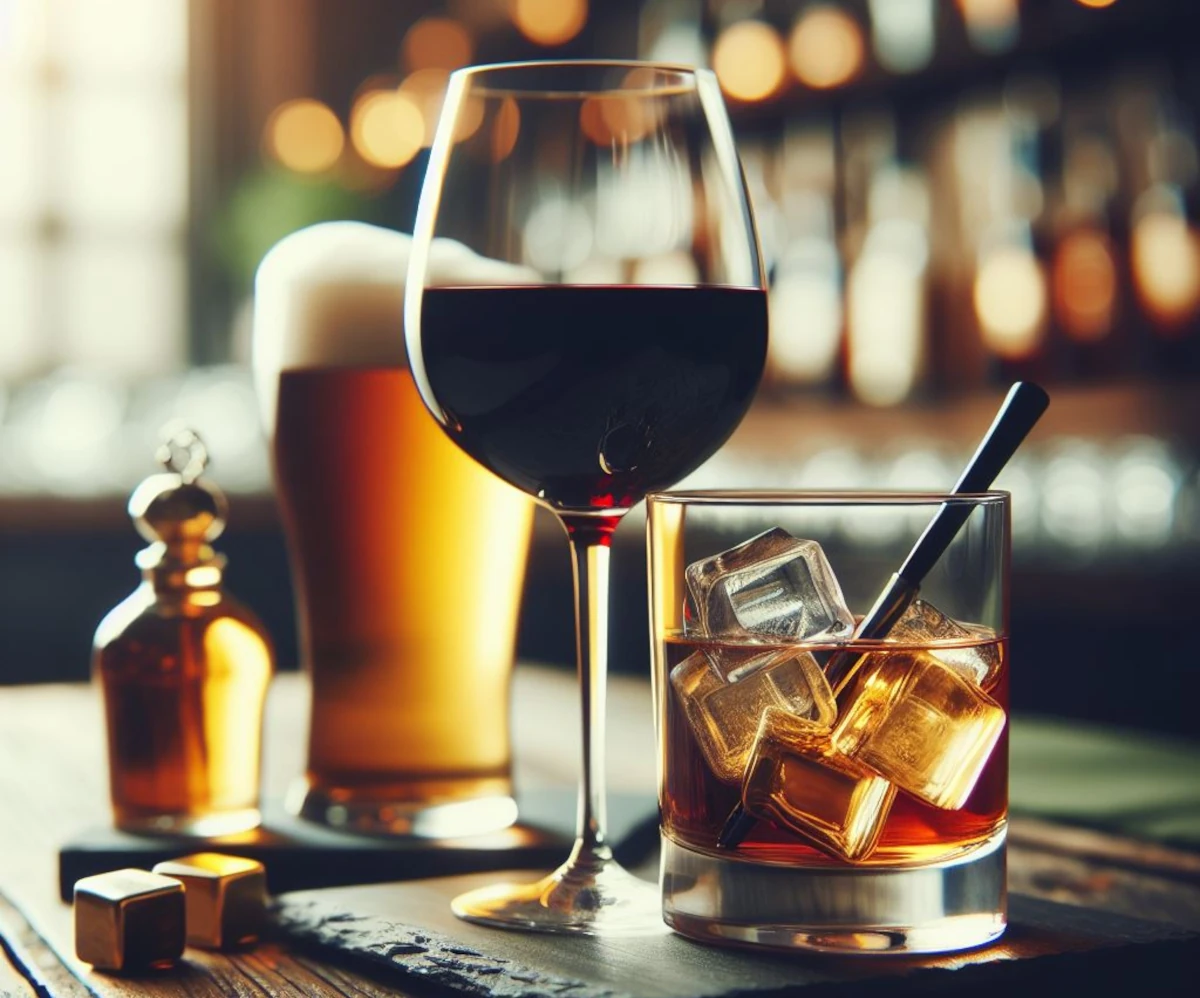 A glass of red wine, a pint of a beer, and whiskey on the rocks