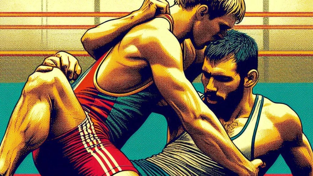 Two men wrestling in a gym during a training session.