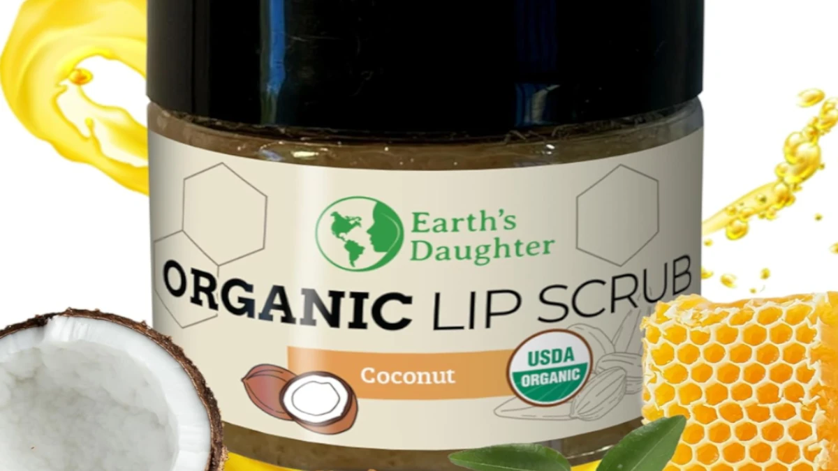 Earth’s Daughter Organic Coconut Lip Scrub with coconut and sugar crystals.