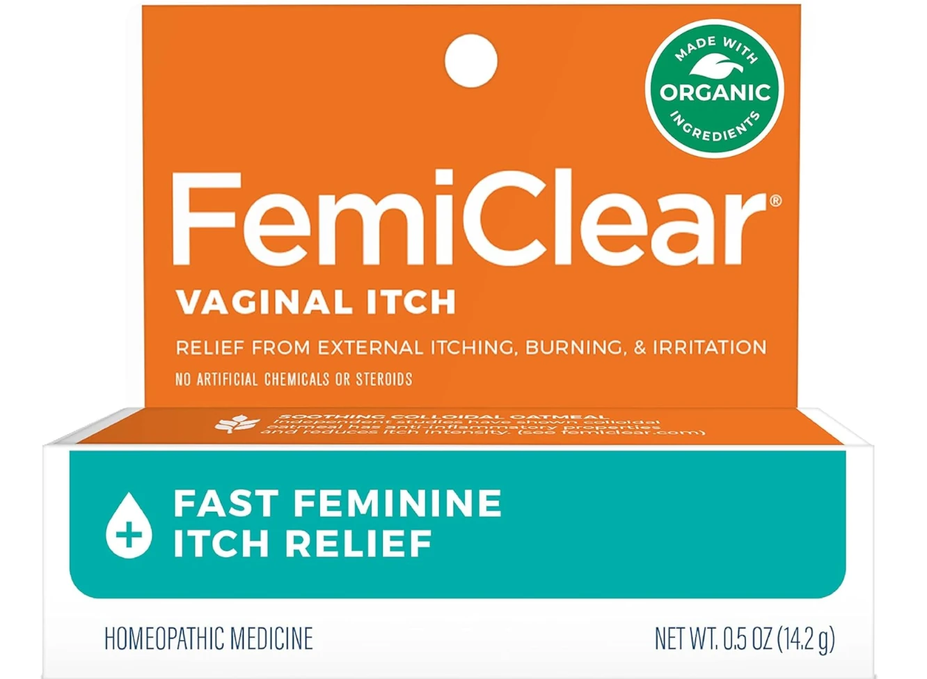 Tube of FemiClear Vaginal Itch Relief on a white background.