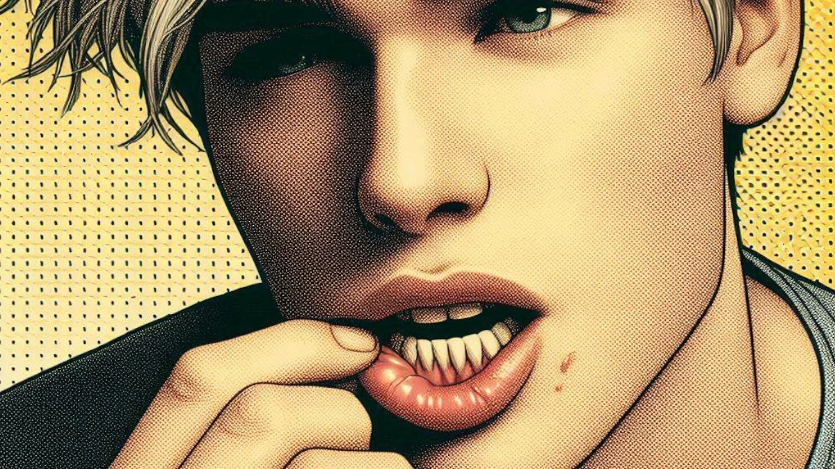 Man with bruised lips due to aggressive kissing