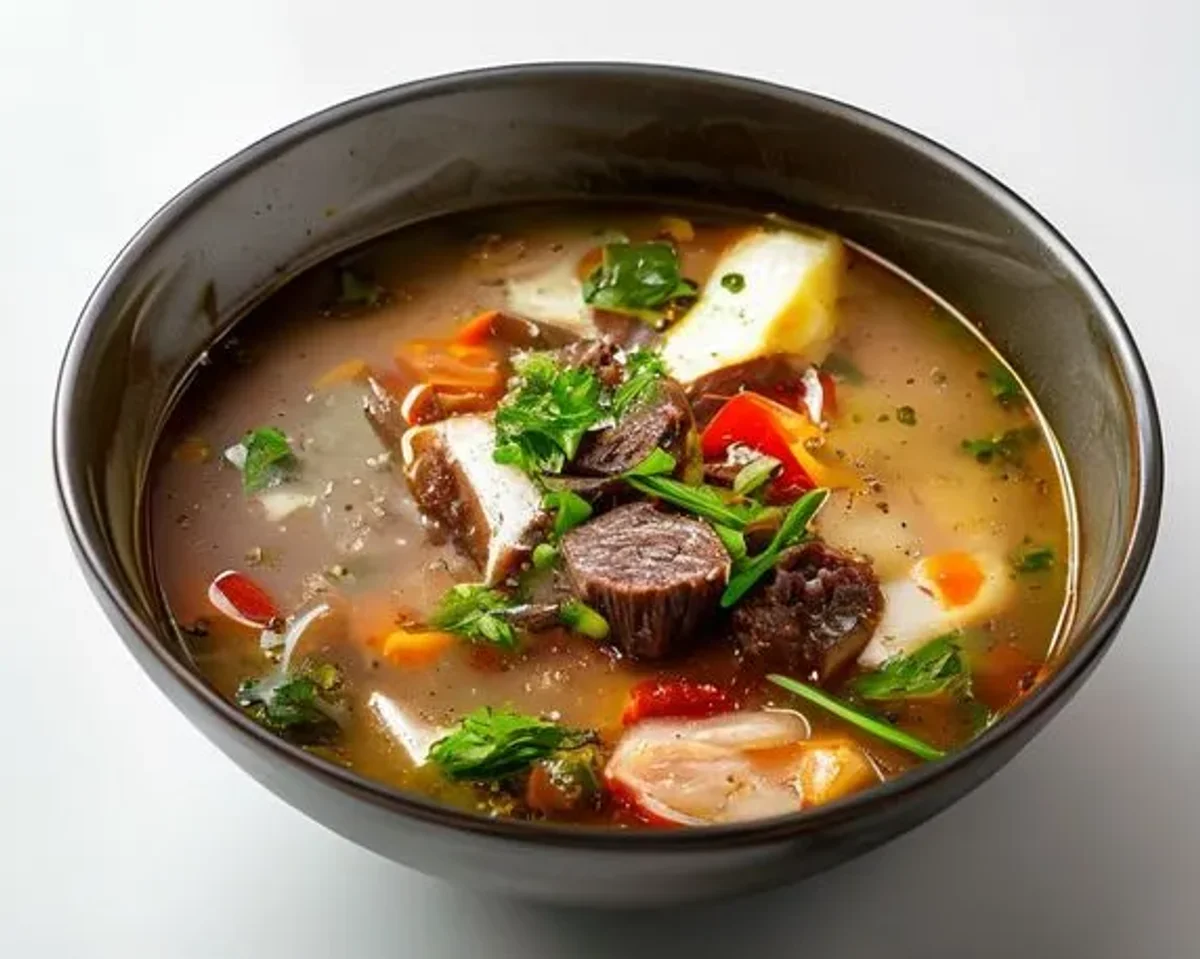 Vegetable and Beef Soup - 140.98mg lysine, 106.97mg arginine per 100g