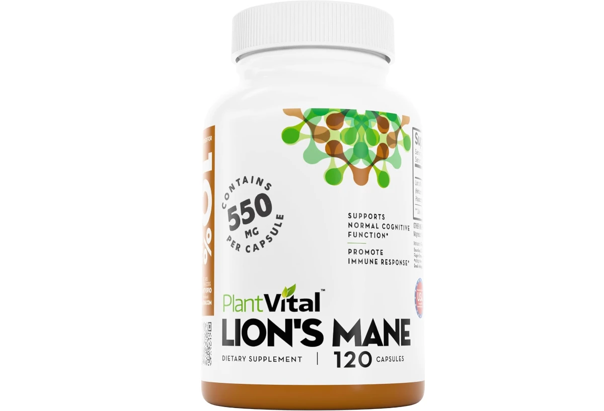 Bottle of Plantvital Organic Lion's Mane Mushroom Supplement on a white background.