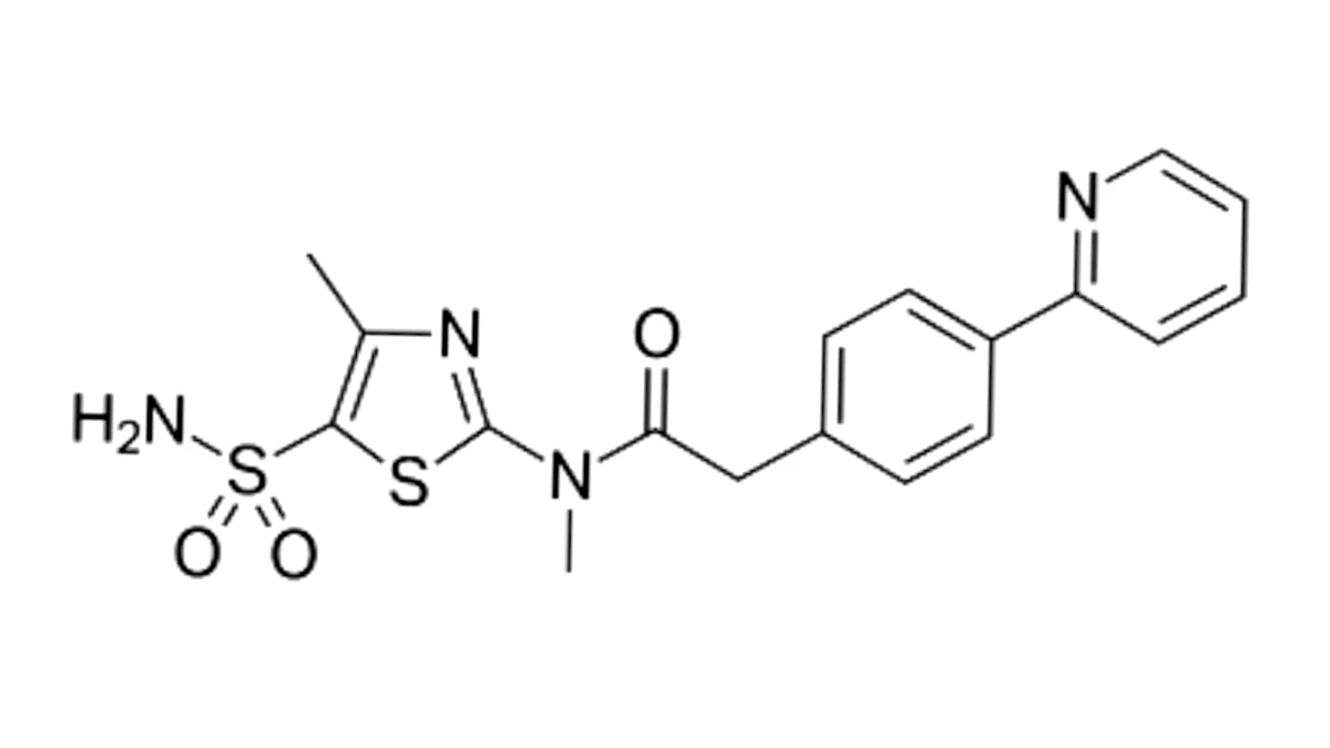 The two-dimensional chemical structure of the antiviral drug pritelivir, showing its sulfur, oxygen, nitrogen, and carbon atoms.