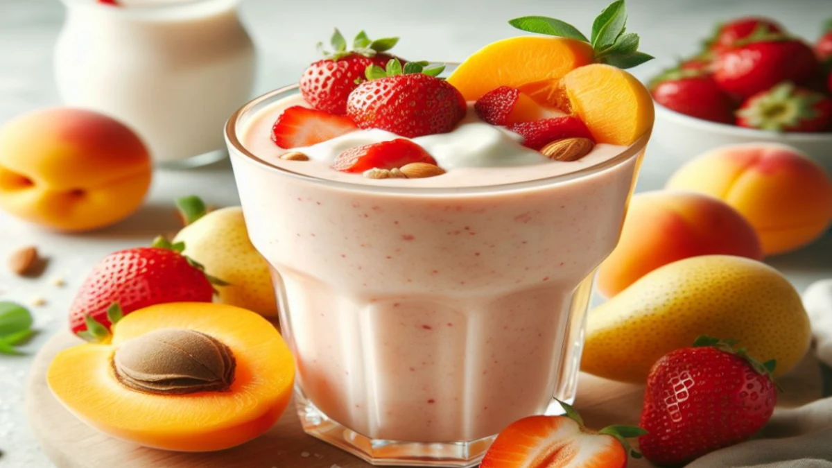 A refreshing smoothie made with apricots, strawberries, pear, and yogurt.