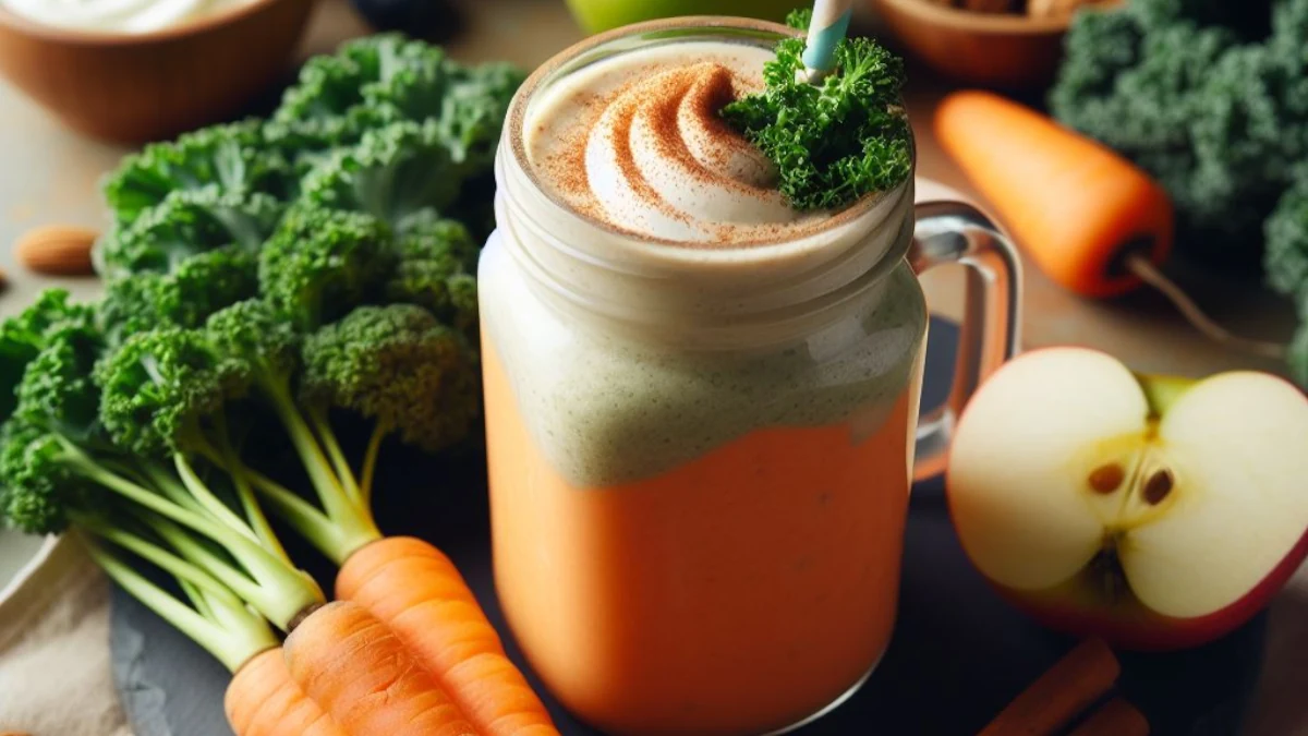 A nutrient-packed smoothie made with carrots, kale, apple, and yogurt.