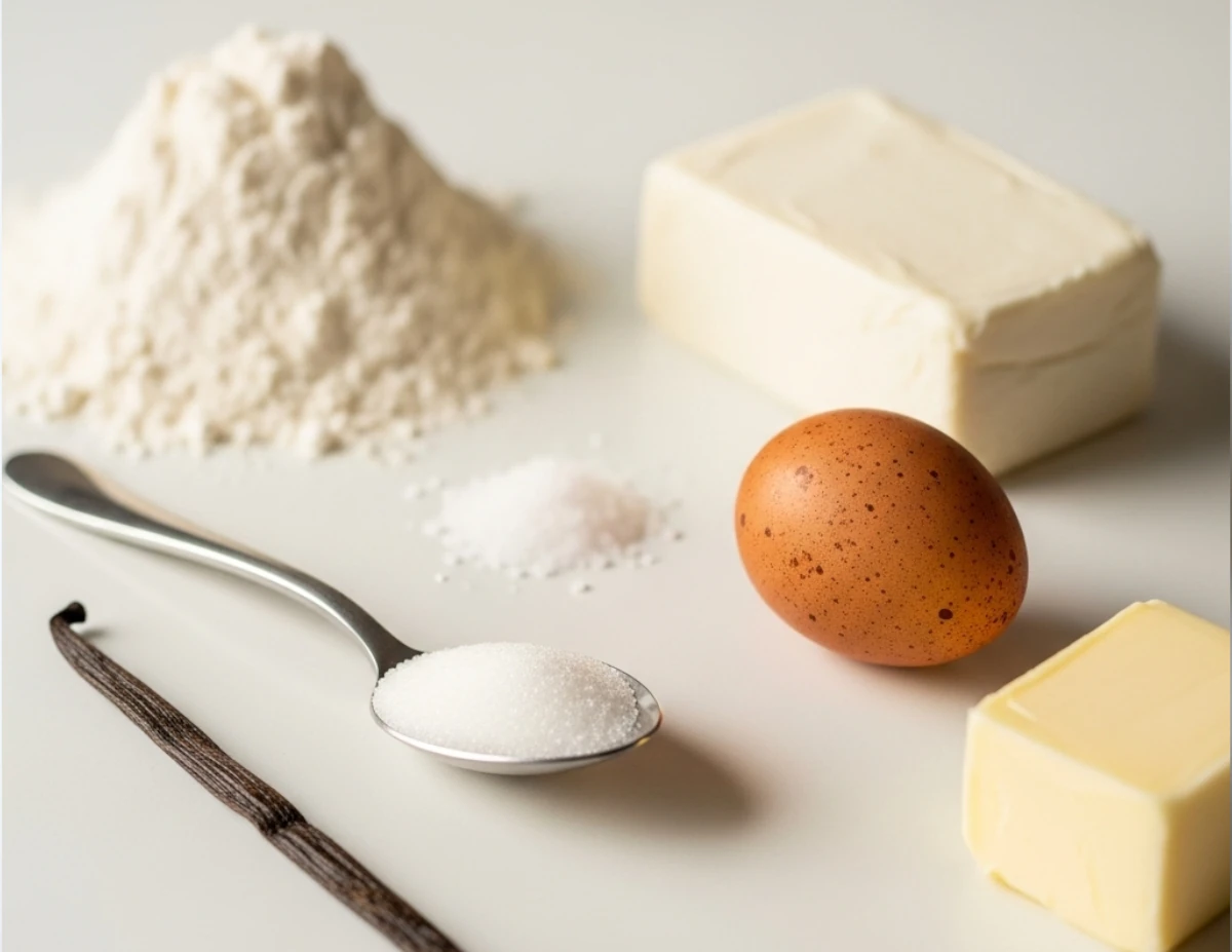 Ingredients for Cream Cheese Cookies including cream cheese, flour, sugar, and eggs.