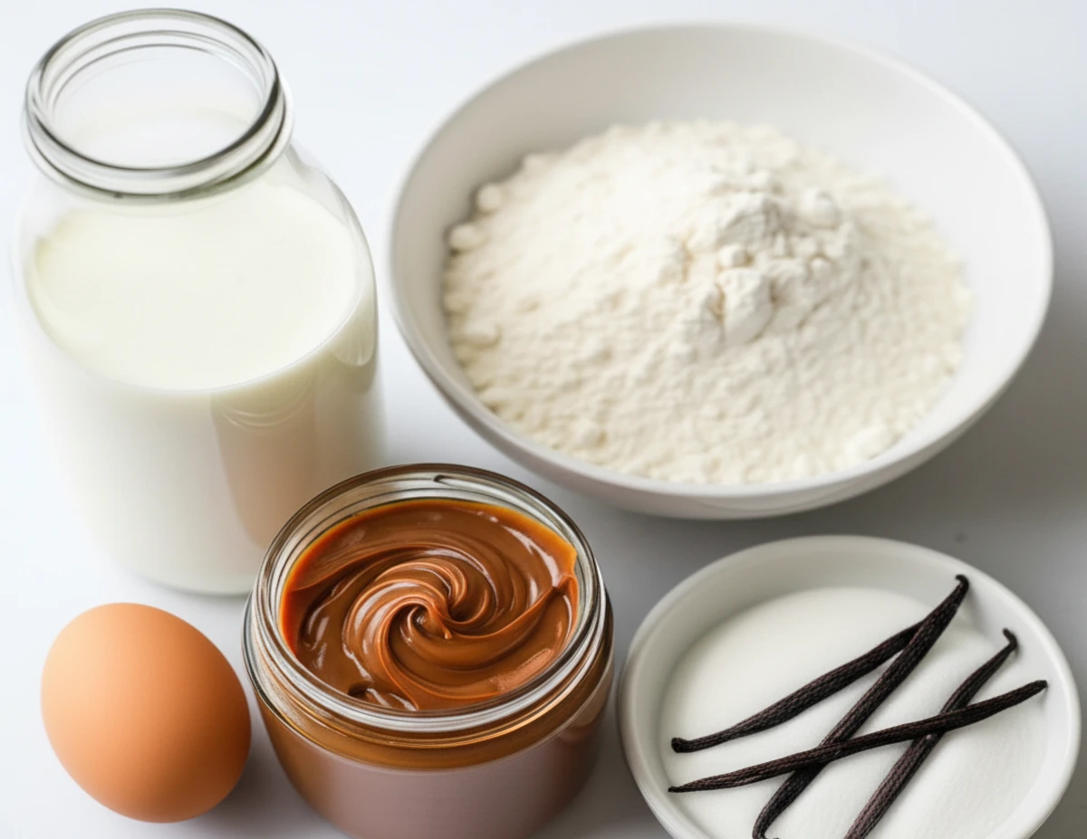 Ingredients for Dulce de Leche Cookies including milk, dulce de leche, flour, and sugar.