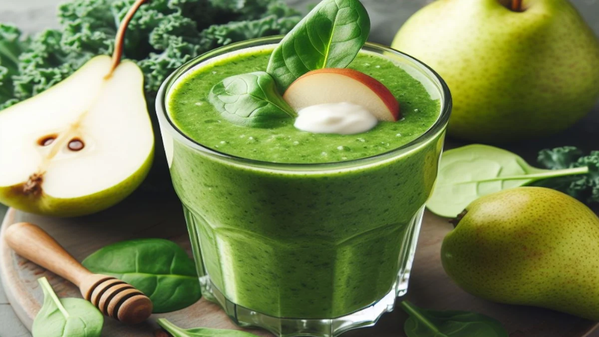 A green smoothie made with spinach, kale, pear, and plain yogurt.