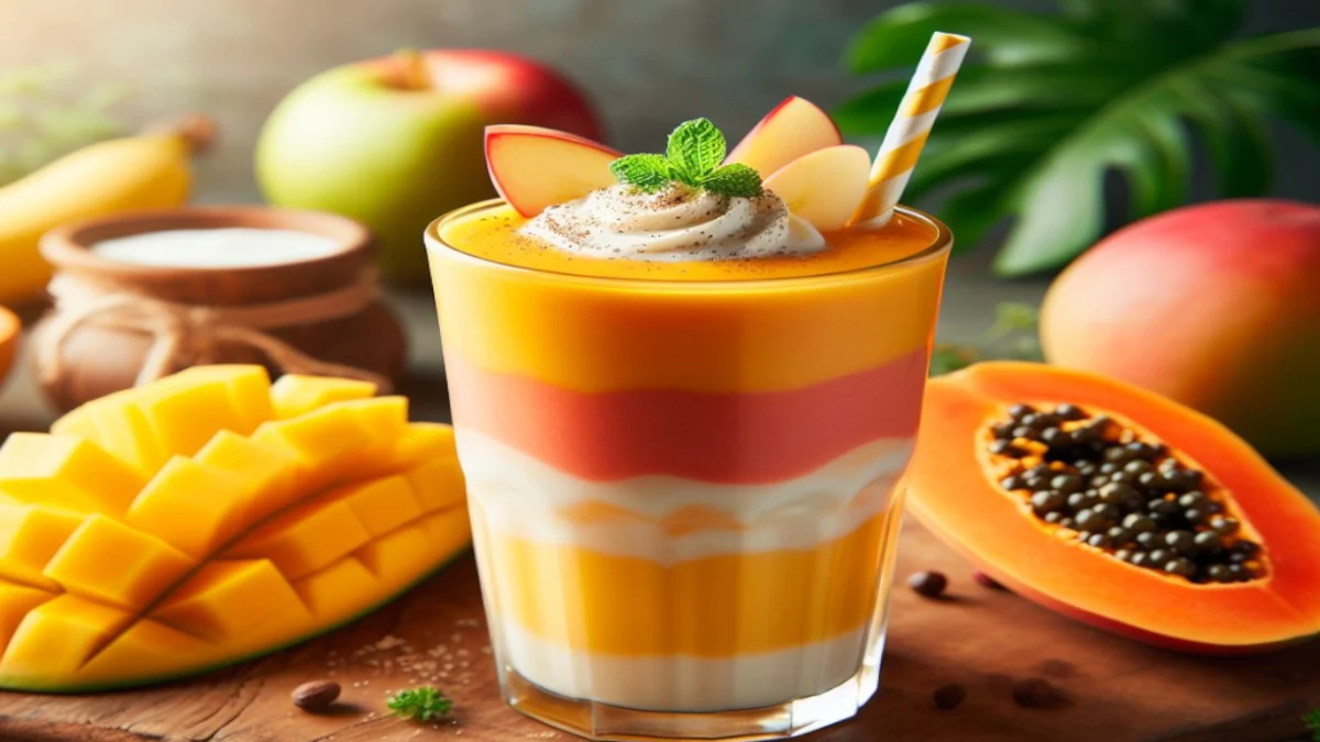 A vibrant tropical smoothie made with mango, papaya, apple, banana, and plain yogurt.