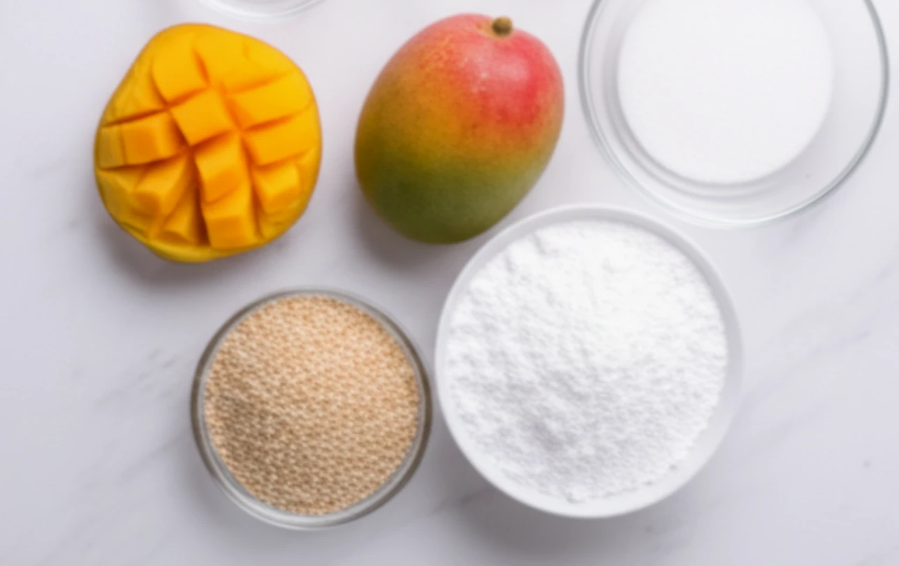 Ingredients for Vegan Mango Crinkle Cookies including mango puree, flour, sugar, and vegan butter.