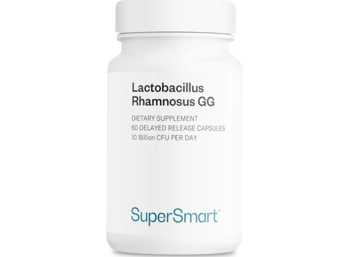 Bottle of SUPERSMART Lactobacillus rhamnosus GG 10 Billion CFU probiotic supplement.