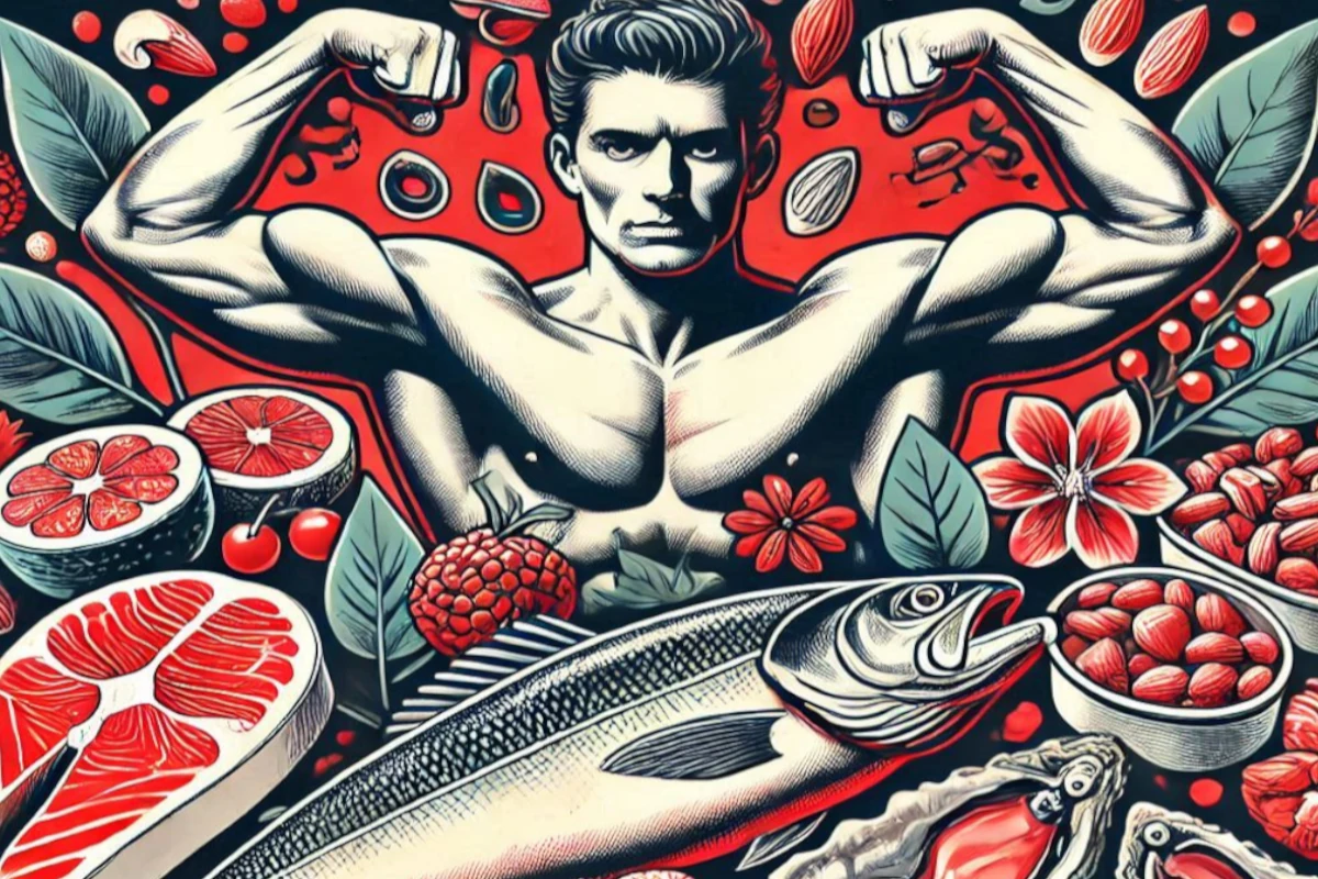 A variety of foods that boost testosterone levels, including oysters, fatty fish, and nuts