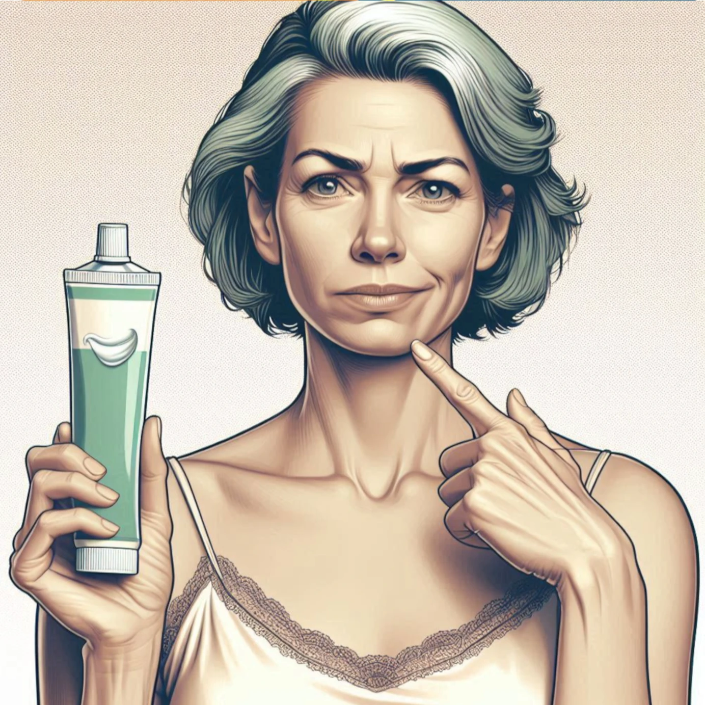 Woman holding a tube of toothpaste while pointing at her lips