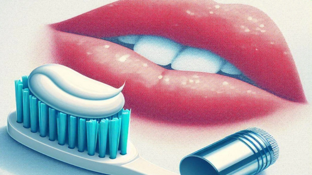 Toothbrush next to lipstick stain.