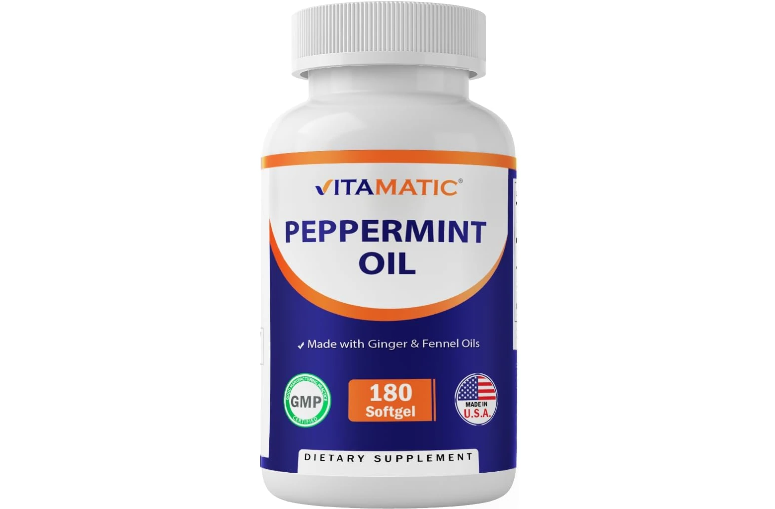 Vitamatic Peppermint Oil Gel bottle with ginger and fennel illustrations.