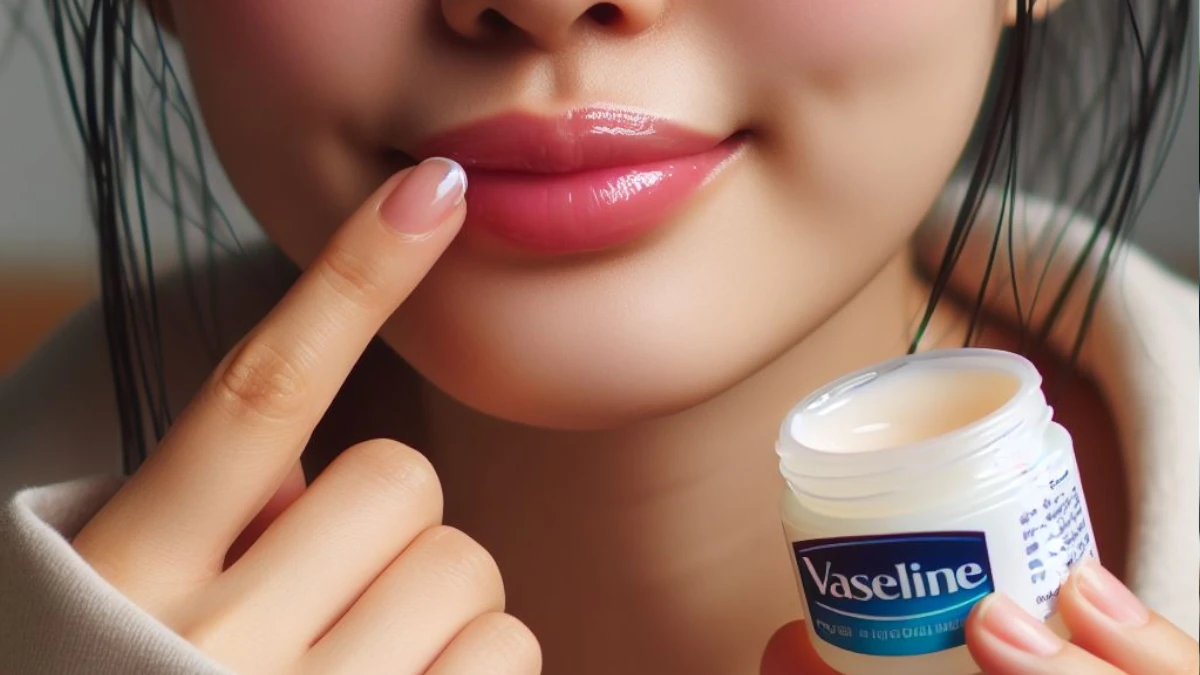 Woman applying vaseline to lips affected by cold sore
